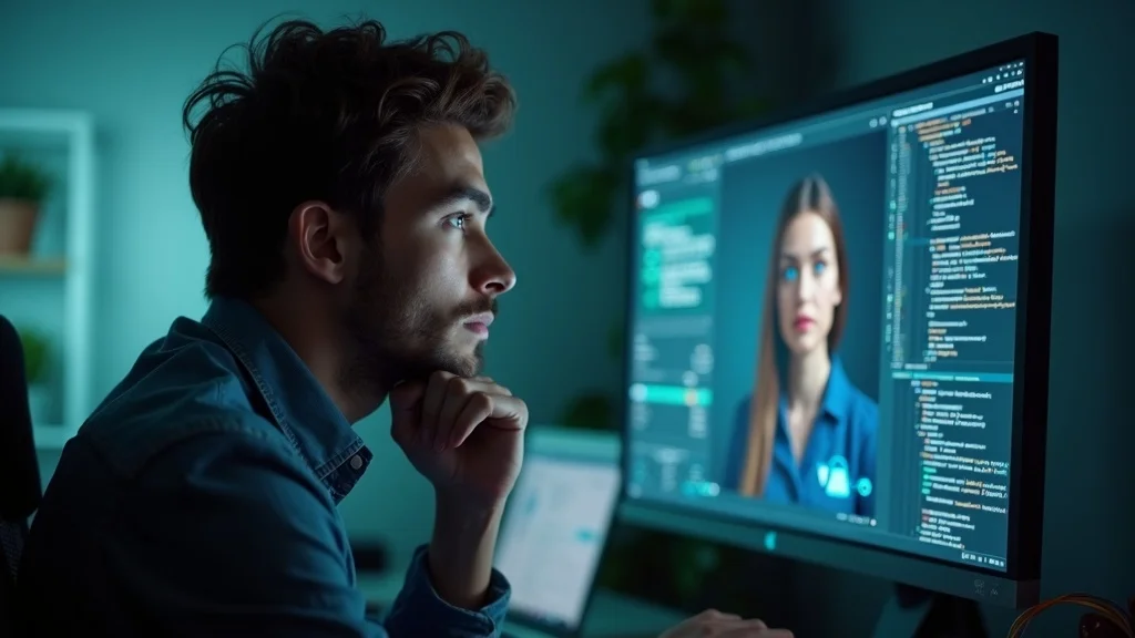 Man analyzing AI-driven software development on computer screen, featuring code and digital avatar, emphasizing the integration of human intelligence and AI tools.