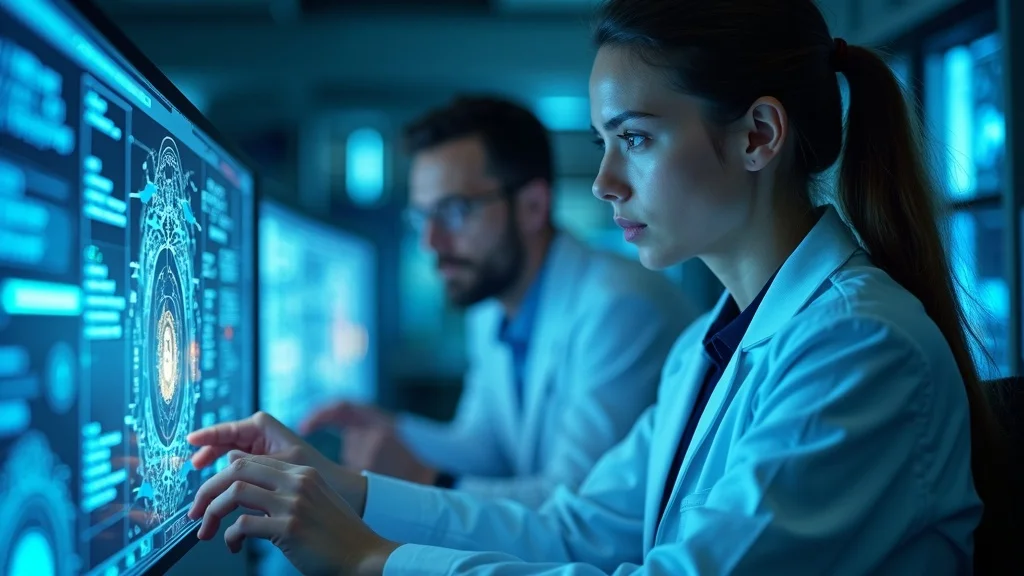 Female researcher in a lab coat interacting with advanced data visualization on a screen, highlighting AI-driven analytics in a tech startup environment.