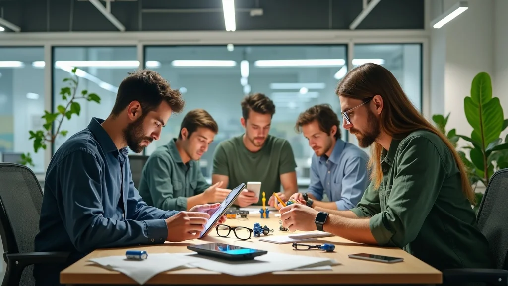 Group of young professionals collaborating at a table with digital devices and prototypes, illustrating the innovative spirit of the Orange County startup ecosystem.