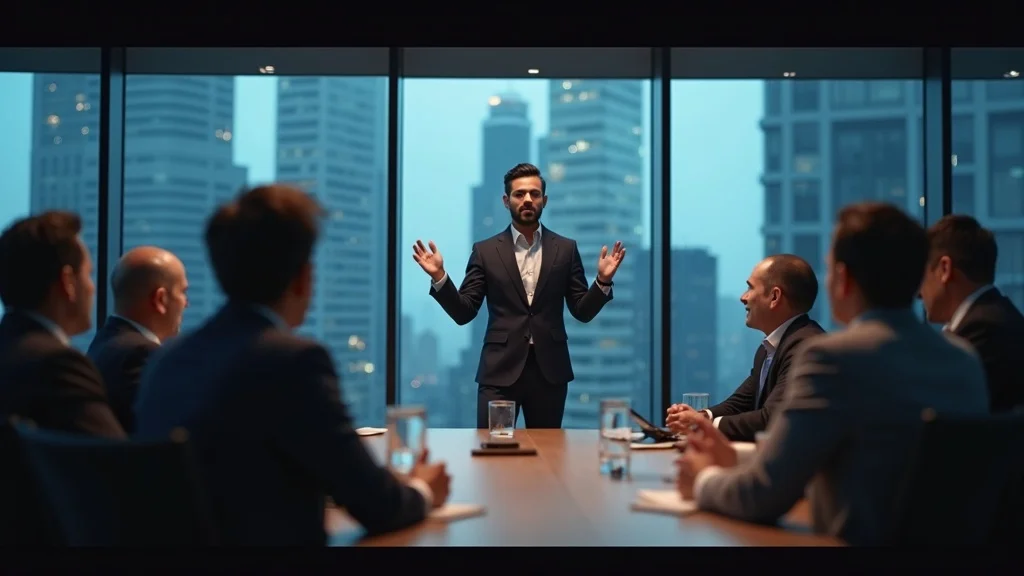 startup fundraising tips - ambitious founder pitching to investors, determined, using slides in modern city boardroom