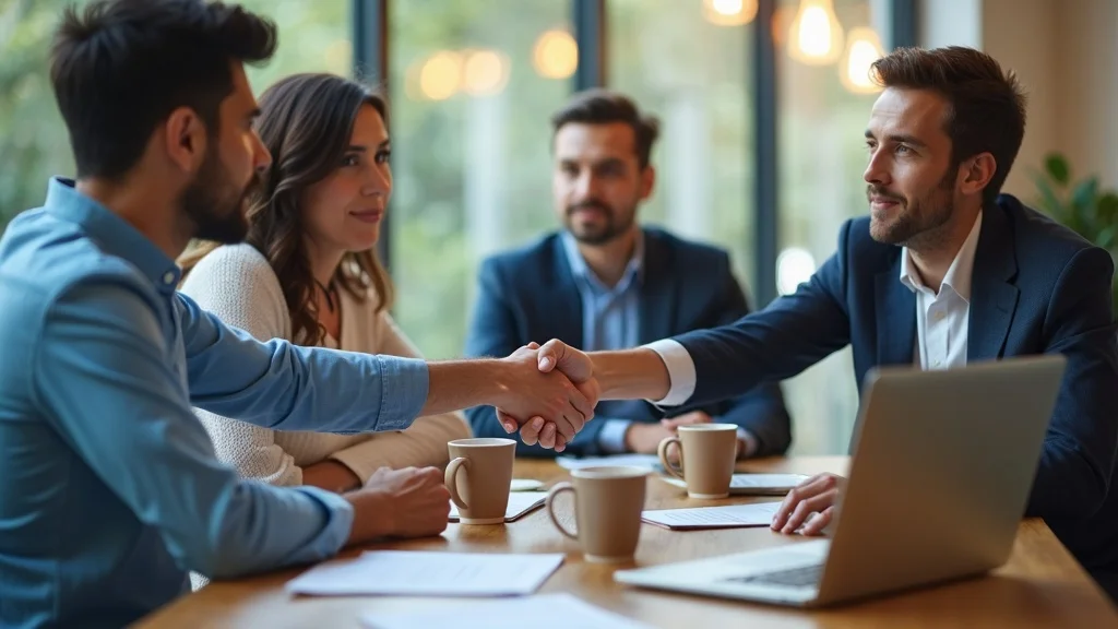 Mentor shaking hands with Orange County startup founder in Santa Ana startup incubator lounge, supportive, inspired, photorealistic, laptops and documents, blue and gold accents, natural handshake, soft light.