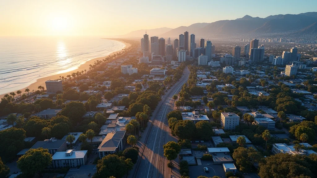 Aerial view of Orange County's coastal skyline at sunset, showcasing urban development alongside palm-lined beaches, highlighting the region's unique tech landscape and suburban sprawl.