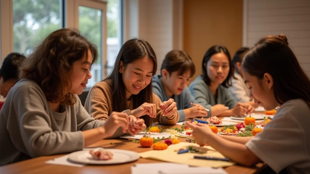 Santa Ana community Thanksgiving event with older adults, youth, and families crafting together in a public library event room, autumn decor, natural interactions, earth-tone palette, bright lighting.