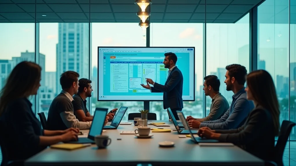 Mavenlink project managers and engineers in SaaS meeting, Irvine skyline, digital project boards visible