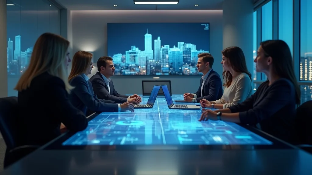 Business meeting with diverse professionals discussing AI integration, digital analytics displayed on a futuristic table, city skyline in the background, emphasizing tech startup dynamics in Orange County.