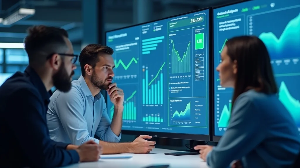 SaaS data analytics team in a tech-forward Orange County office, analyzing churn metrics on dashboard, supporting data-driven customer retention and success