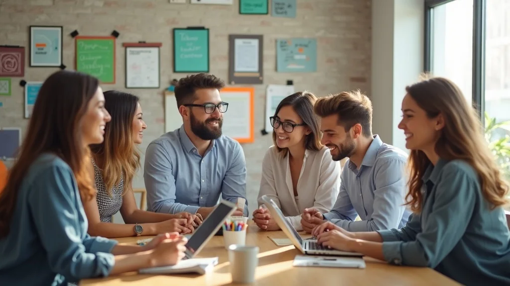 Group of diverse professionals collaborating in a bright workspace, discussing strategies for tech startups in Orange County, emphasizing brand strategy and community-driven marketing.