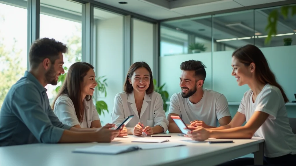 Innovative healthtech startup office with a vibrant team using digital health devices and SaaS apps, modern Orange County workspace filled with soft light and advanced prototypes