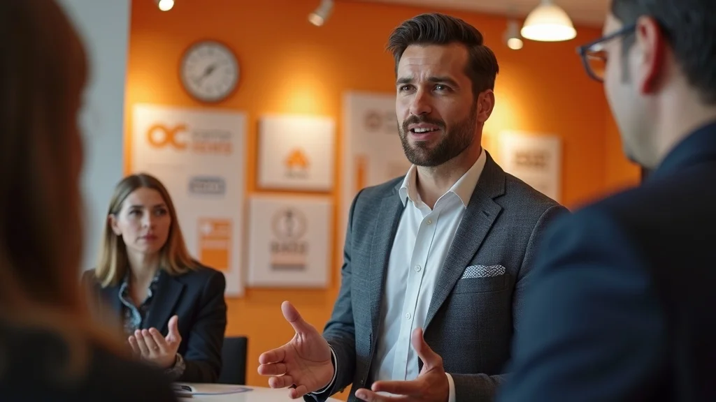 Business meeting in Orange County with a man in a suit discussing strategies, a woman listening intently, and various organizational logos on the wall, reflecting the local startup ecosystem.