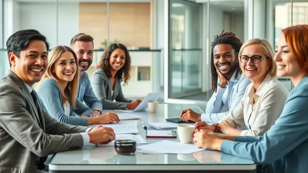 Customer satisfaction meeting: diverse business team discussing survey results