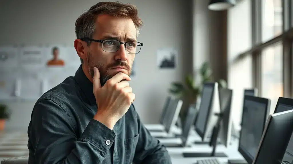 Thoughtful founder contemplating challenges in digital sales and AI visibility