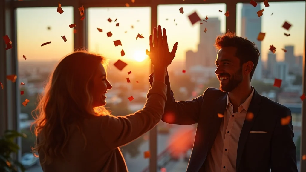 Celebrating professionals high-fiving with confetti in a sunset-lit office, symbolizing success and teamwork in Orange County's tech startup ecosystem.