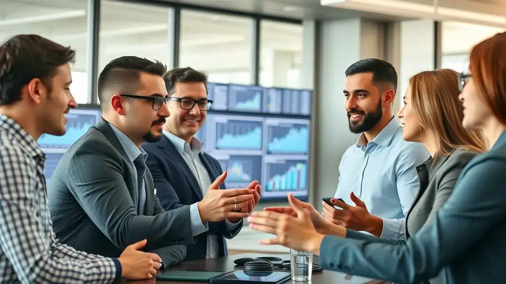 Engaged sales team collaborating on digital sales strategies to enhance B2B visibility