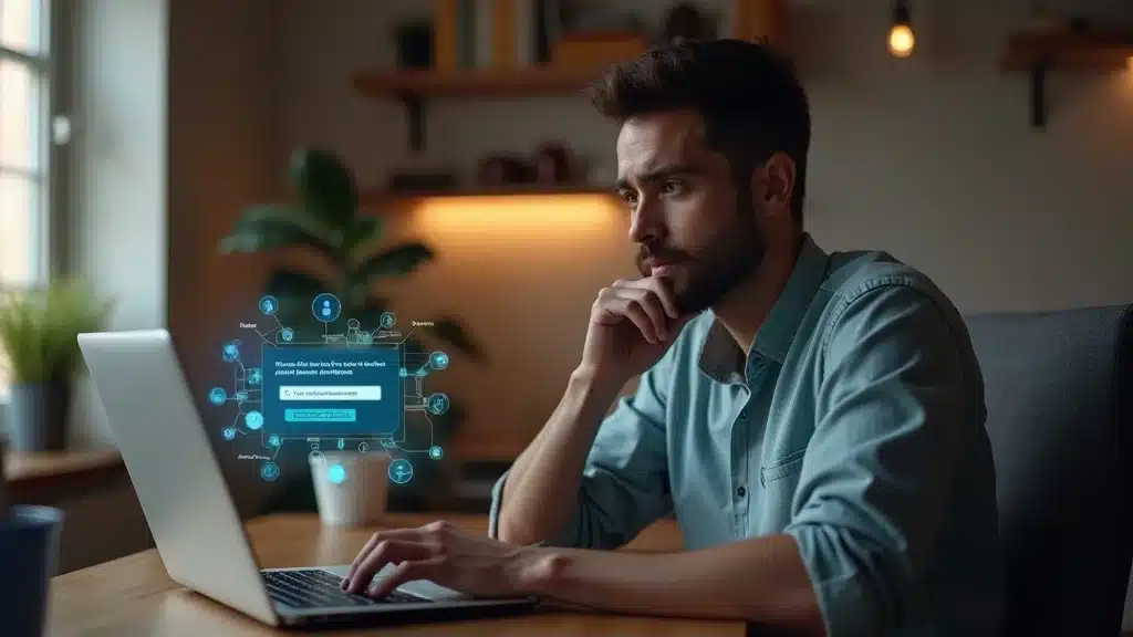 ai search interface showing a single brand answer highlighted on a laptop screen with a thoughtful user