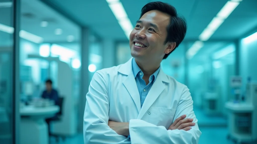 Smiling male medical professional in a lab coat, reflecting innovation in a healthcare startup environment, emphasizing collaboration and local talent in Orange County's tech landscape.