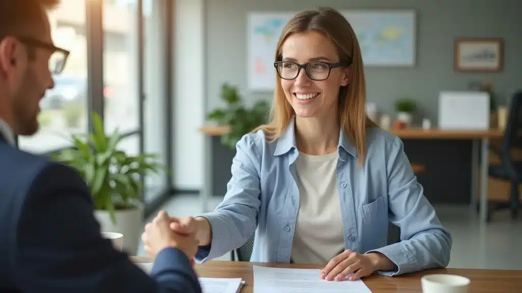 Orange County banker presenting document to small business owner, highlighting $10,000 grant opportunities for startups