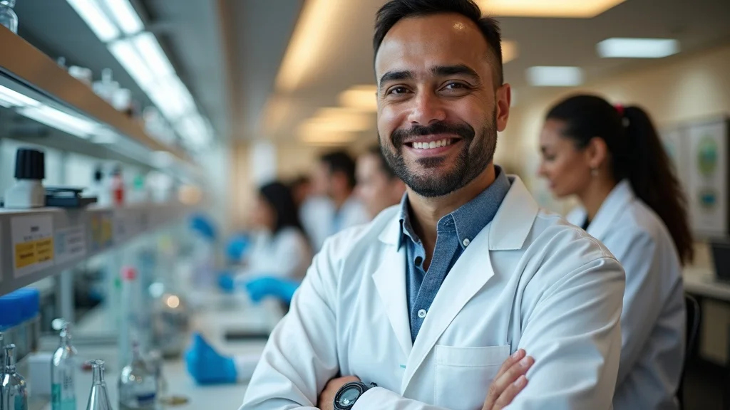 Smiling male researcher in a lab coat, standing confidently in a modern laboratory with colleagues, emphasizing collaboration in healthtech innovation.