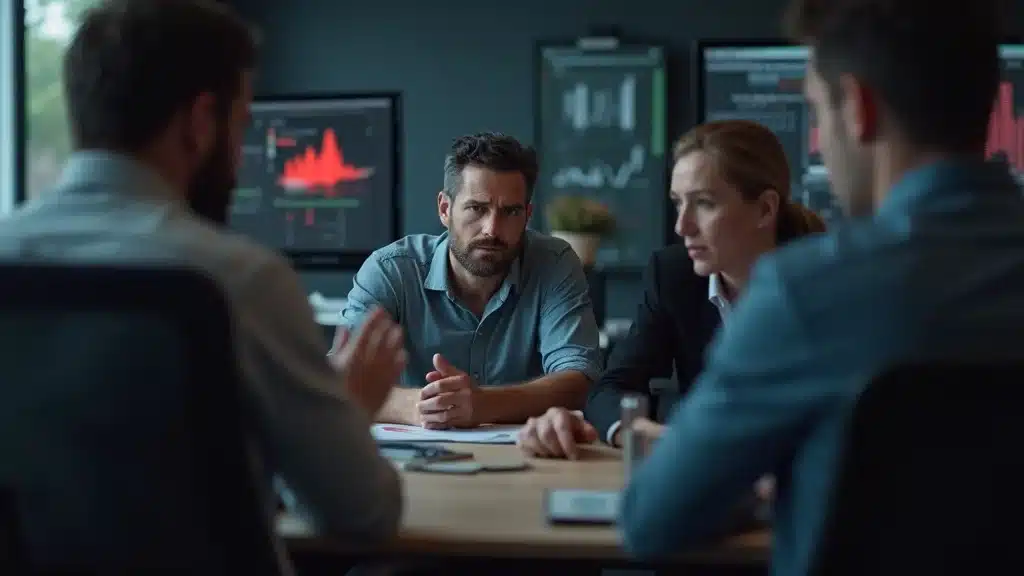 Business meeting with diverse professionals discussing strategies, digital data analytics displayed on screens, emphasizing leadership challenges and emotional intelligence in tech startups.