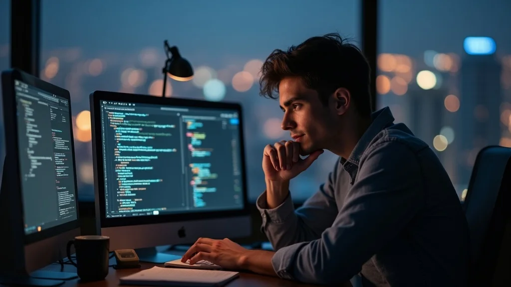 Young man focused on coding at dual monitors in a dimly lit office, emphasizing the importance of technical skills and brand strategy for Orange County tech startups.