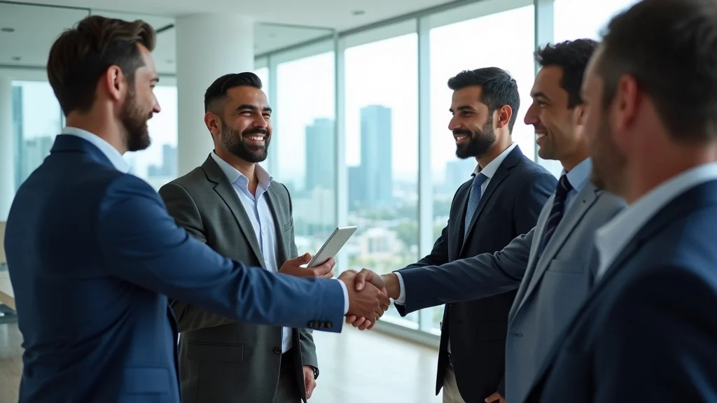 Business professionals shaking hands and engaging in conversation in a modern office setting, symbolizing networking and investor connections in Orange County's startup funding landscape.