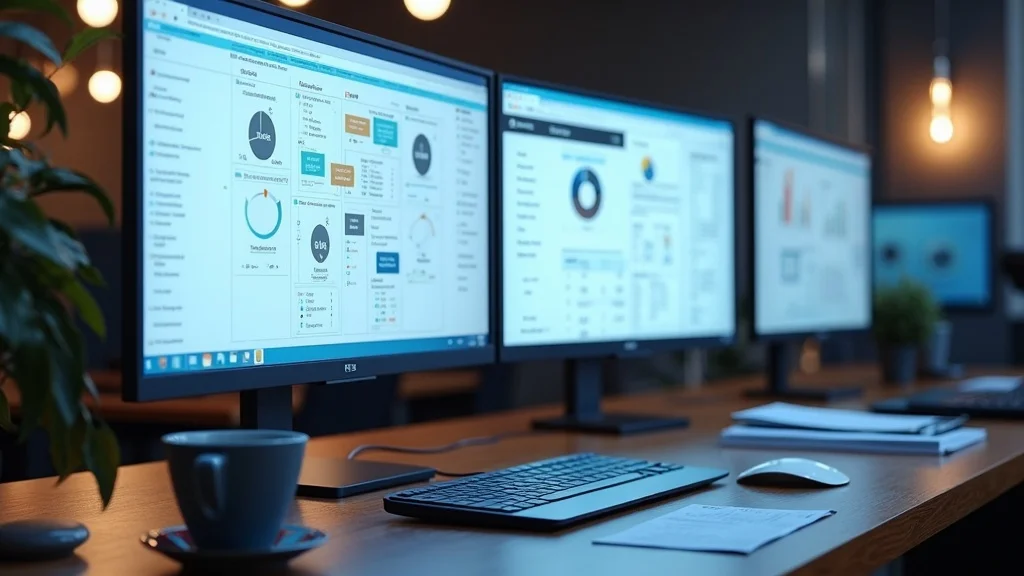 Three computer monitors displaying data analytics and project management dashboards, with a coffee cup and keyboard on a wooden desk, highlighting tools for Costa Mesa tech startups.