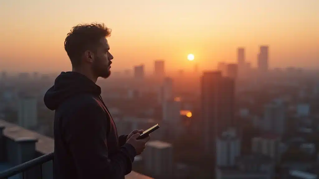 founder reflecting on venture capital trends at sunrise, solo entrepreneur on urban rooftop, digital notepad, city skyline, photorealistic, warm morning light