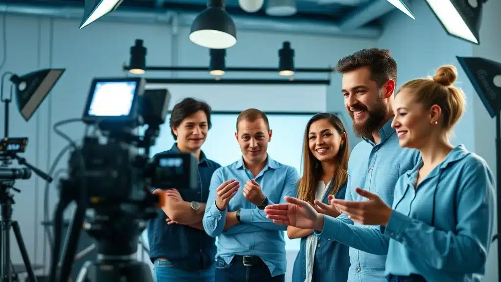 SaaS founders filming a review video emphasizing founder-led storytelling B2B in a collaborative studio setting