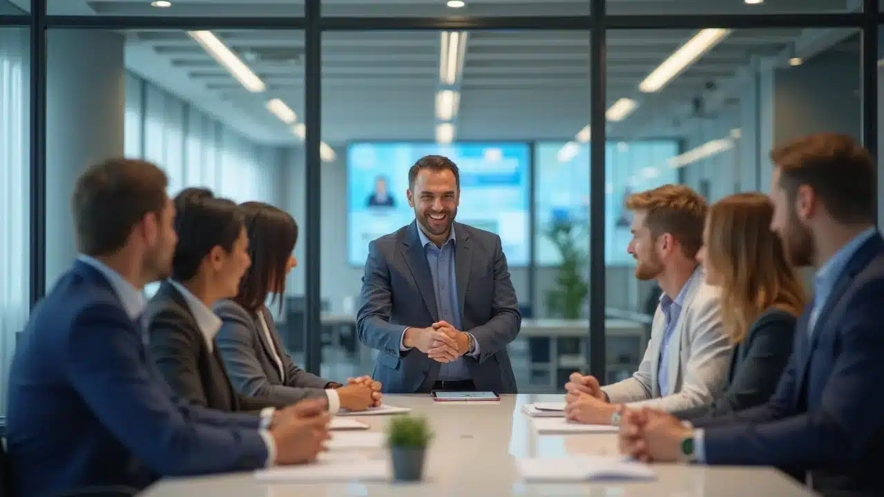 Client-centric business strategy at Burns Holding: confident business leader meeting diverse clients in modern office