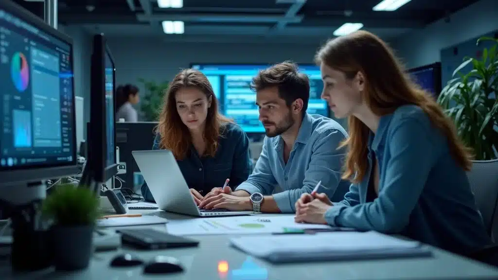 Orange County SaaS Startup Marketing Strategy - Engineering team brainstorming over data visualizations in a high-tech office, exuding creativity and collaboration