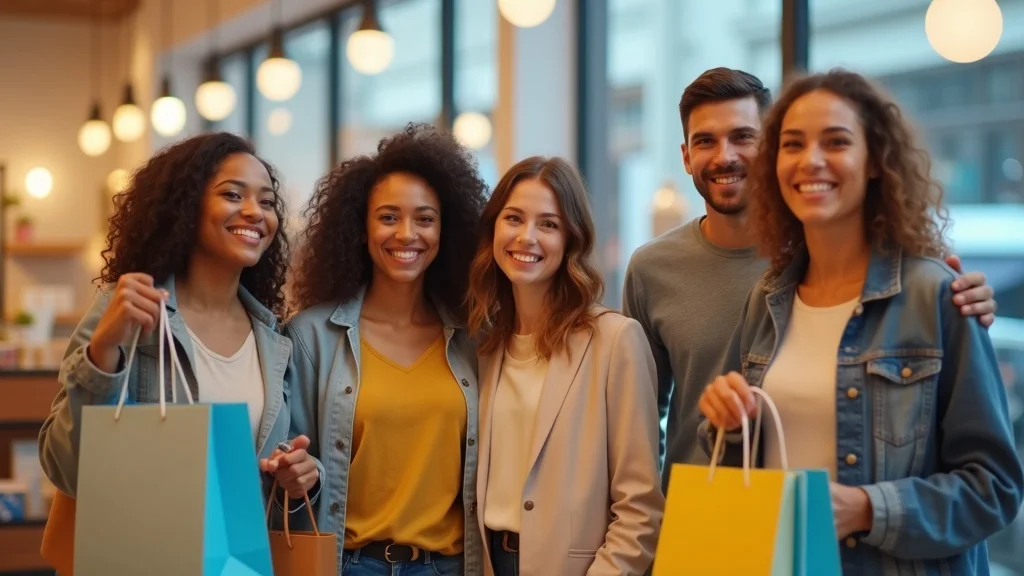 Group of diverse young adults smiling and holding shopping bags in a bright retail environment, illustrating customer engagement and brand loyalty.