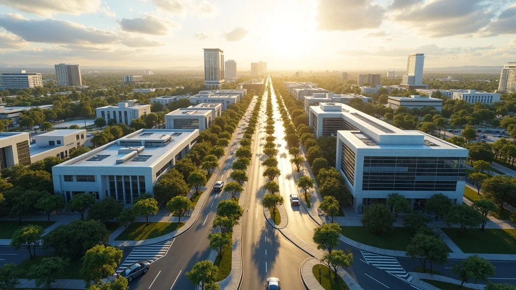 Aerial view of Irvine Spectrum District, tech companies, city innovation — irvine ca tech startup growth guide, photorealistic, late afternoon light