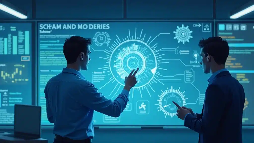 SEO expert pointing at schema tags on large digital whiteboard — answer engine optimization schema markup demonstration, high-tech digital office.