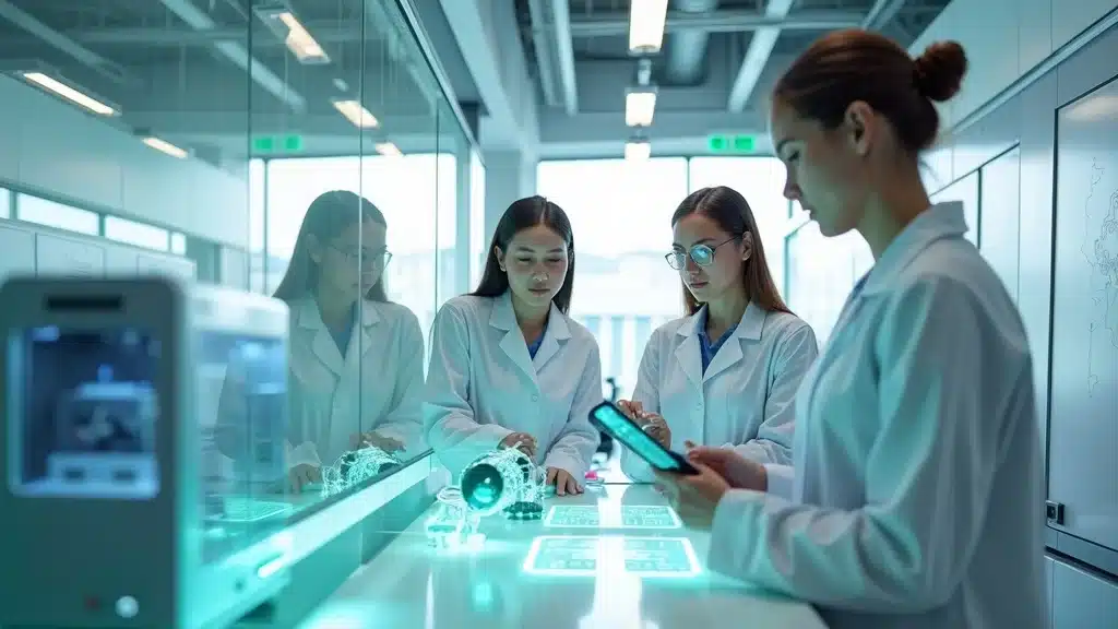 Modern laboratory innovation hub showcasing Orange County's advanced life sciences industry with scientists and engineers interacting with medtech devices, reflecting economic resilience and startup dynamism.