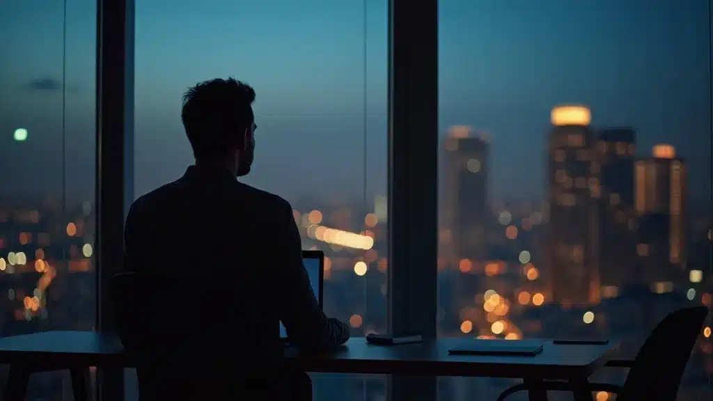 Silhouette of a man sitting at a desk, looking out at a city skyline at dusk, reflecting on strategic exit planning for startups.