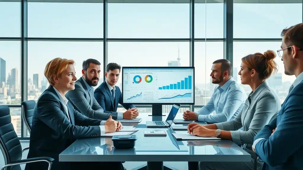 B2B buyer discovery and evaluation: professionals analyzing buying team data in corporate conference room