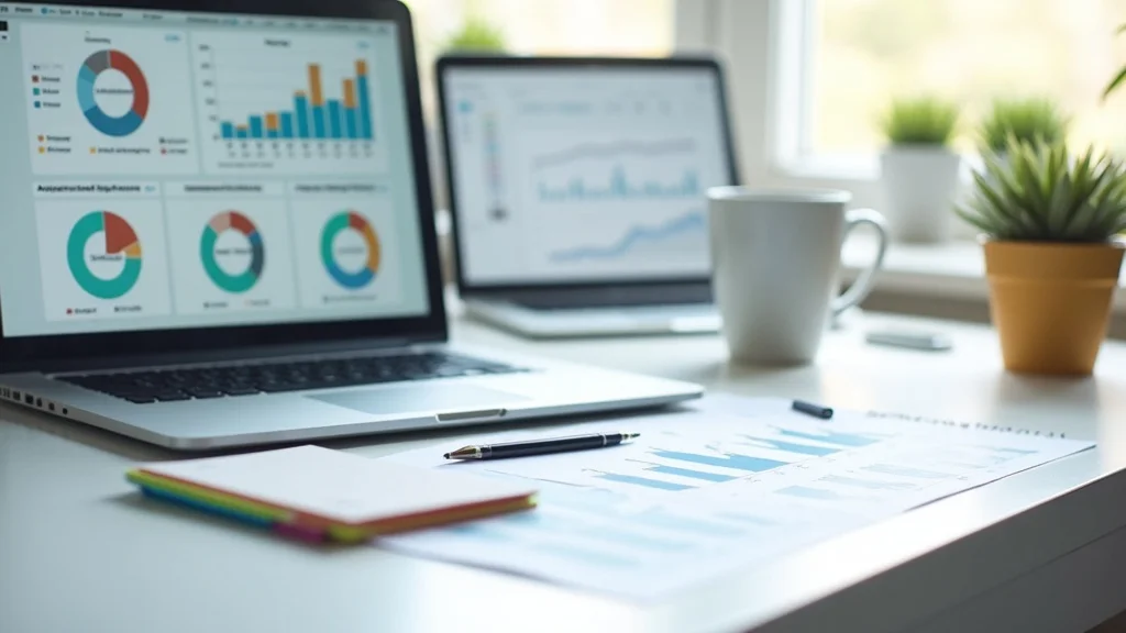 Laptop displaying data analytics charts, business reports with graphs, coffee mug, and potted plants on a desk, illustrating efficient scaling processes for tech startups in Orange County.