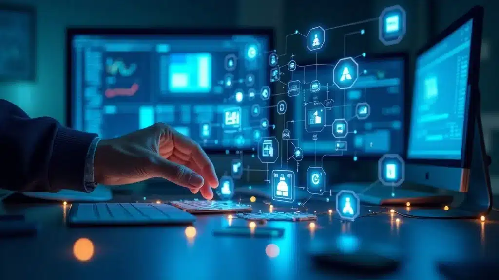 Excited marketing professional assembling digital and physical icons for top AI tools; answer engine optimization resources, high-tech workspace.