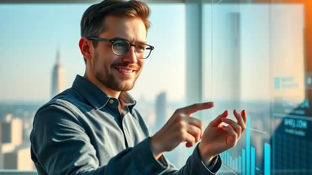 Forward-thinking founder analyzing unique data visualizations emphasizing the future of founder-led storytelling B2B visibility