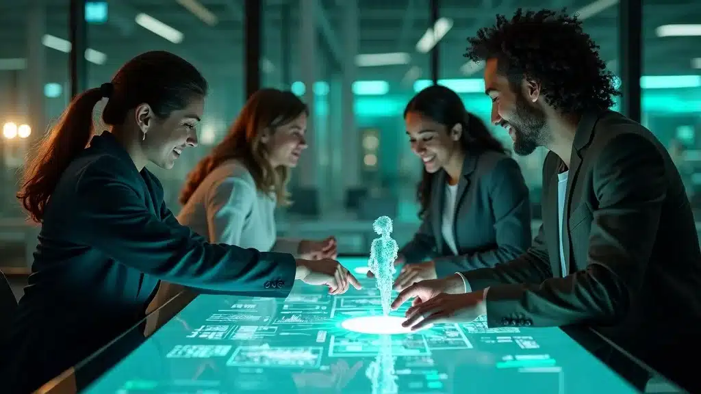 Group of diverse professionals collaborating around a futuristic digital interface, engaging with a holographic figure, emphasizing digital dexterity and hybrid AI-human teamwork in a modern startup environment.