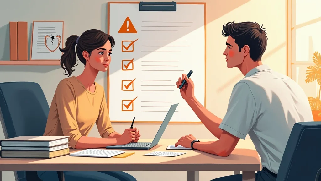 Two professionals discussing compliance and project checklists in a modern office setting, with a laptop, notes, and a checklist on the wall, reflecting the importance of regulatory adherence in healthtech startups.