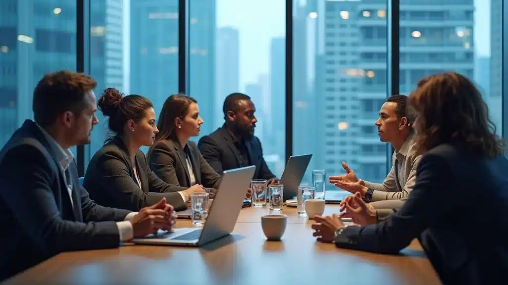 venture capital trends boardroom 2026, diverse startup founders and investors discussing in a modern glass-walled office, visible laptops, pitch decks, teamwork energy, city view