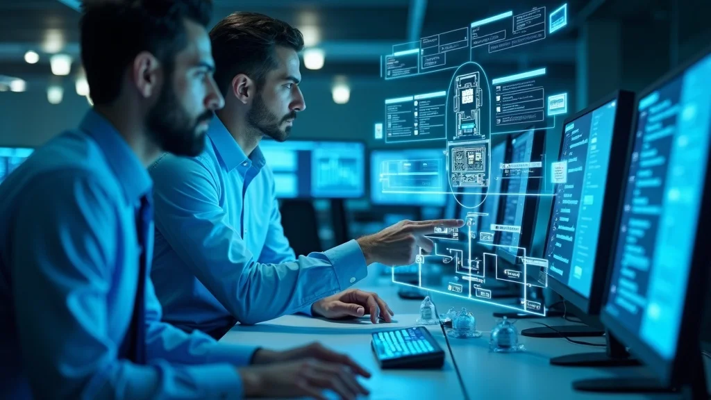 Software engineers collaborating on legacy system modernization with AI-powered integration workflows