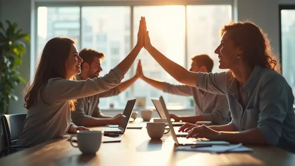 optimistic startup team, collaboration, venture capital trends 2026, group high-fiving, laptops and charts, branded workspace, sunlight