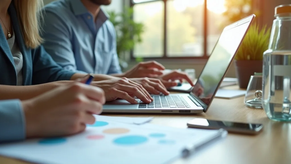 Modern startup workspace—close-up laptop with CRM, team collaborating over project management app, tablets in sunlit Huntington Beach office