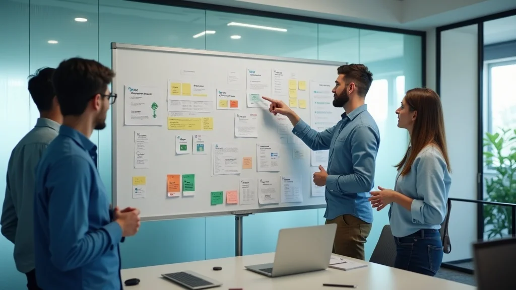 Team discussing startup marketing strategies in a modern office, pointing at a whiteboard filled with notes and documents, emphasizing brand identity and mission alignment.