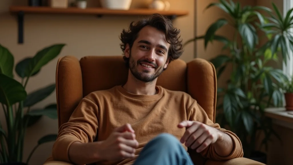 Smiling man in a cozy armchair, promoting human-centric storytelling and emotional connection in startup marketing strategies.