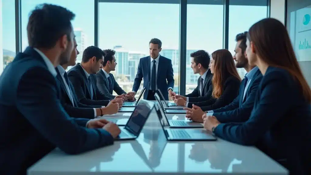 fractional executive search for orange county startups: Modern Orange County startup team — confident, focused, collaborative mood, a diverse group of professionals in business attire gathered around a sleek table while one executive leads a strategic discussion with digital dashboards displayed, styled as photorealistic set in a high-tech Irvine office with glass walls and city views, featuring digital devices and notepads, rendered with high depth of field, crisp textures, ultra-realistic, emphasized with cool blues and neutrals, under natural daylight, captured as if shot with a 35mm lens at f/2.8.