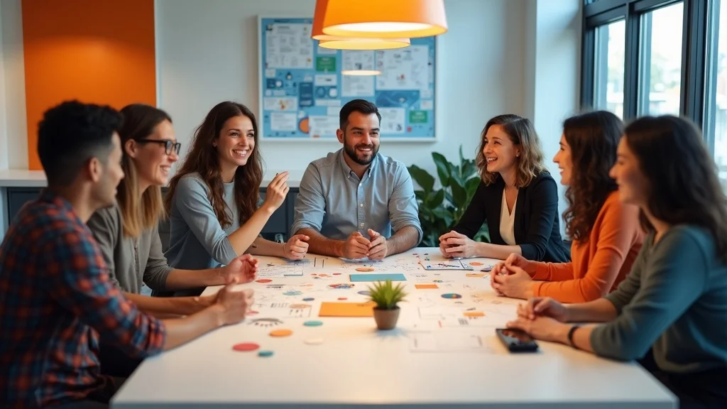 Group of diverse professionals collaborating around a table, discussing startup branding strategies with charts and notes, in a bright, modern office setting.