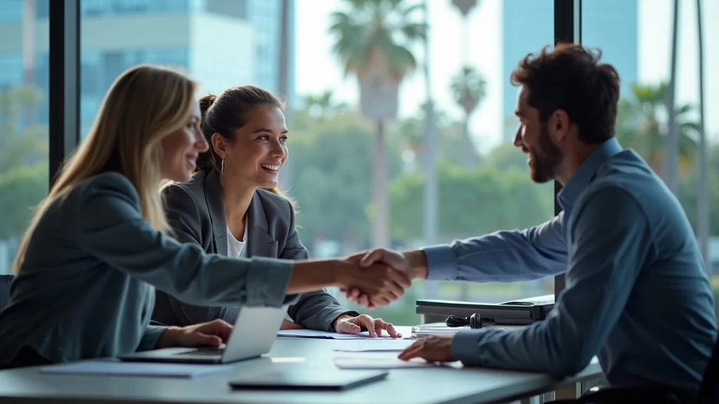Business professionals shaking hands in a modern office setting, symbolizing collaboration and talent acquisition in Costa Mesa's tech startup ecosystem.