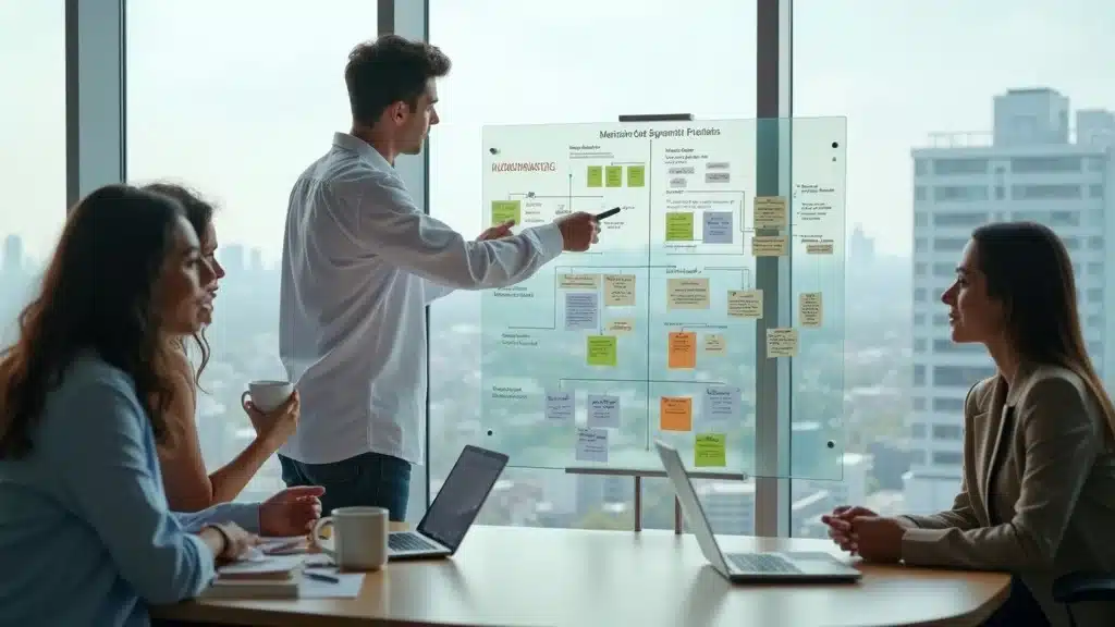 Strategic planning session with medtech startup founders in Orange County, reviewing QMSR + ISO compliance roadmaps for accelerated growth strategies.